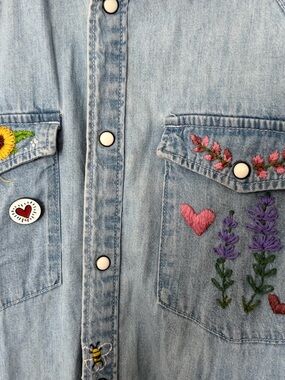 Light Wash Embroidered Denim Shirt with Floral & Heart Details